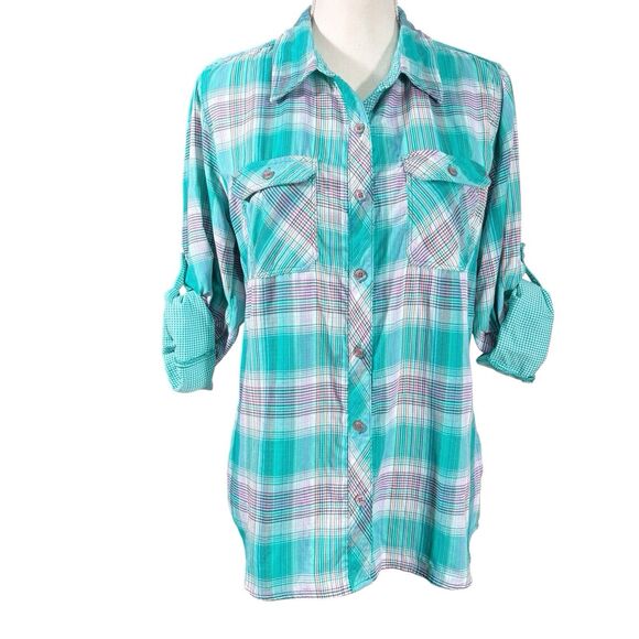 Marmot Shirt Long Sleeve Button Womens Large Green Plaid Roll Tab Gorpcore - Picture 2 of 10